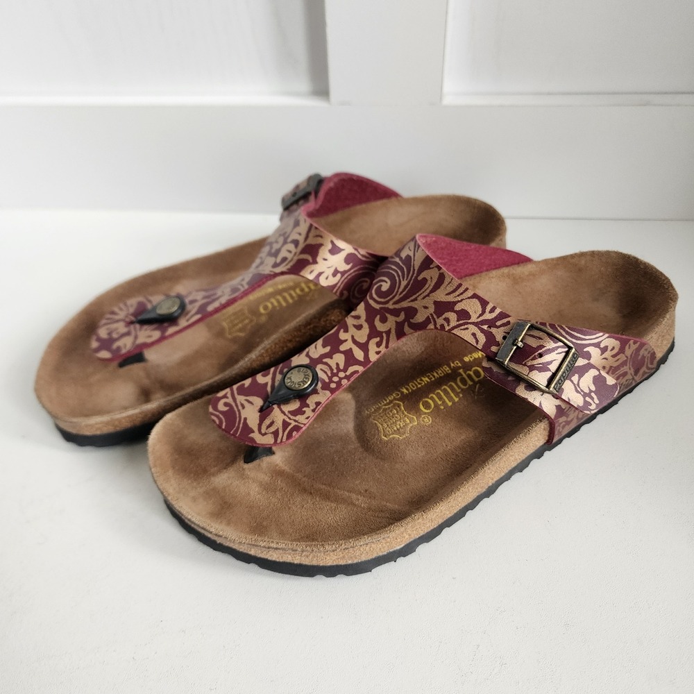Papillio Birkenstock Gizeh Sandals Women 40 L9 Burgundy Gold Floral Damask Rare